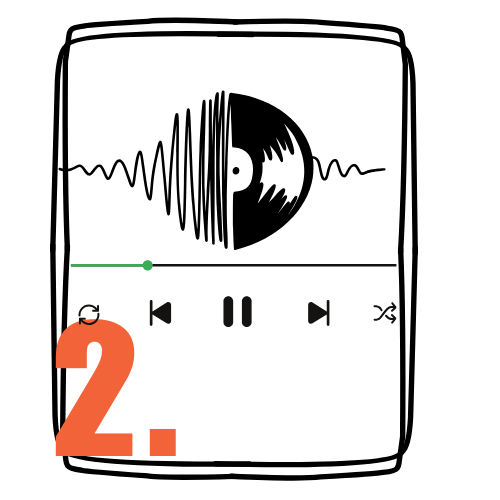 Graphic design resembling a music player interface with abstract black and white art.