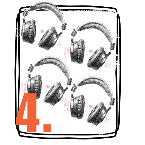 Six black headphones with pink hearts and purple sound wave graphics.