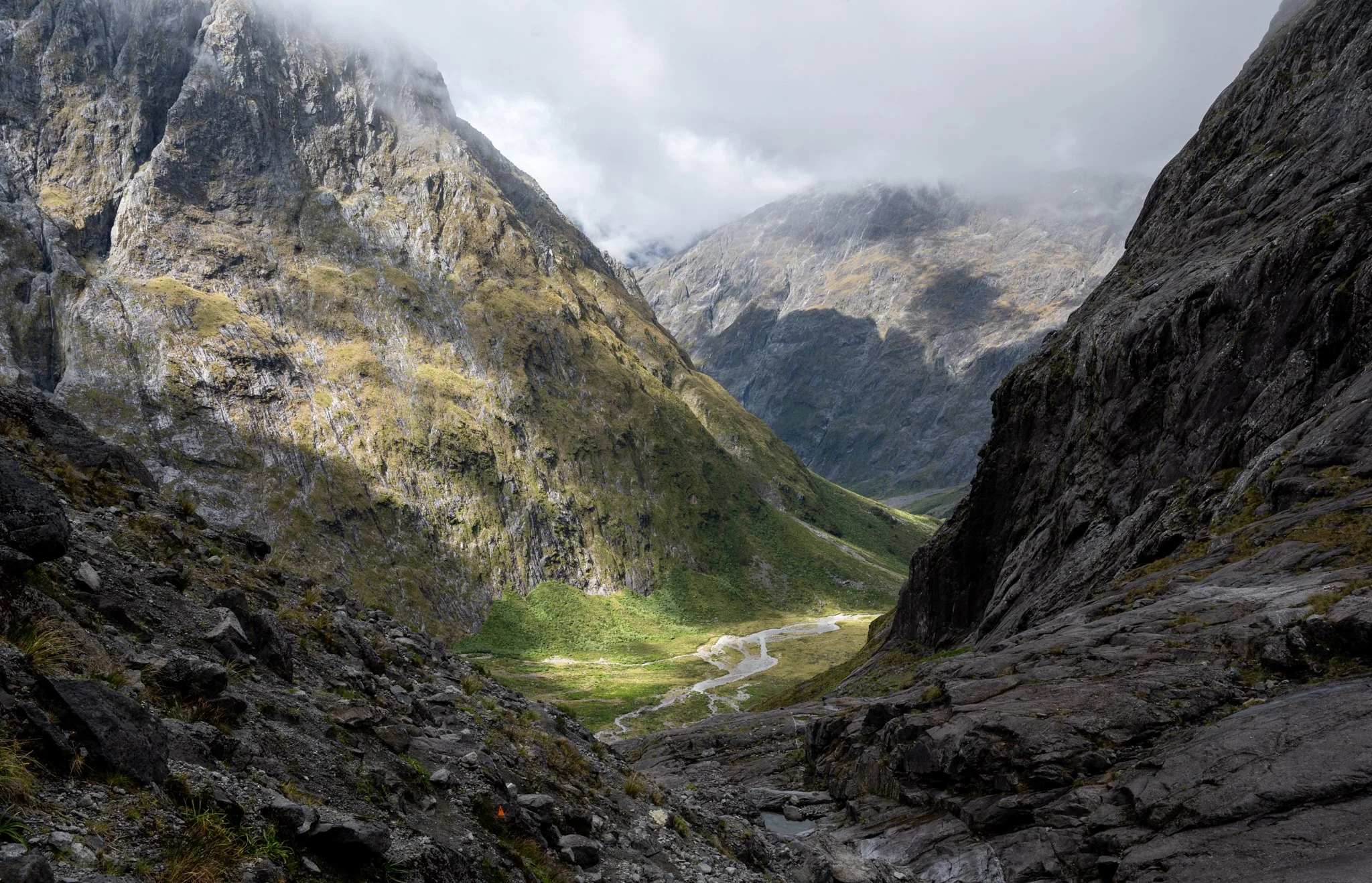 Coming back down from Gertrude Saddle. The fog prevented us any views from the top. 