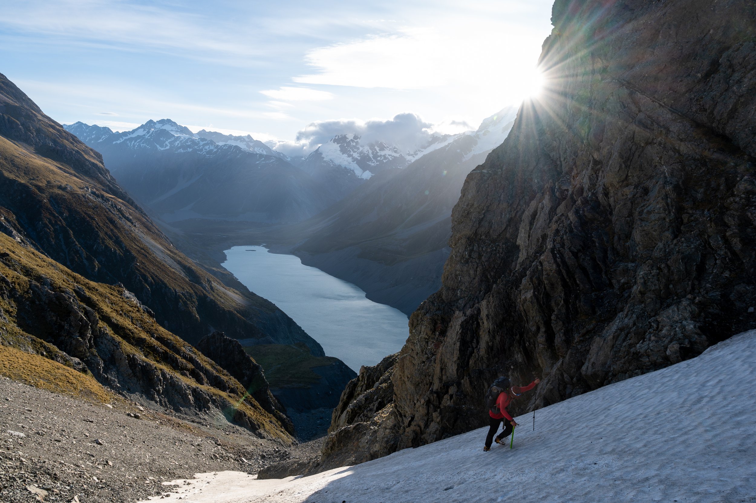 Starting the ascend from Hooker Valley to the Ball Pass in Aoraki National Park in New Zealand. Snow gear was necessary.