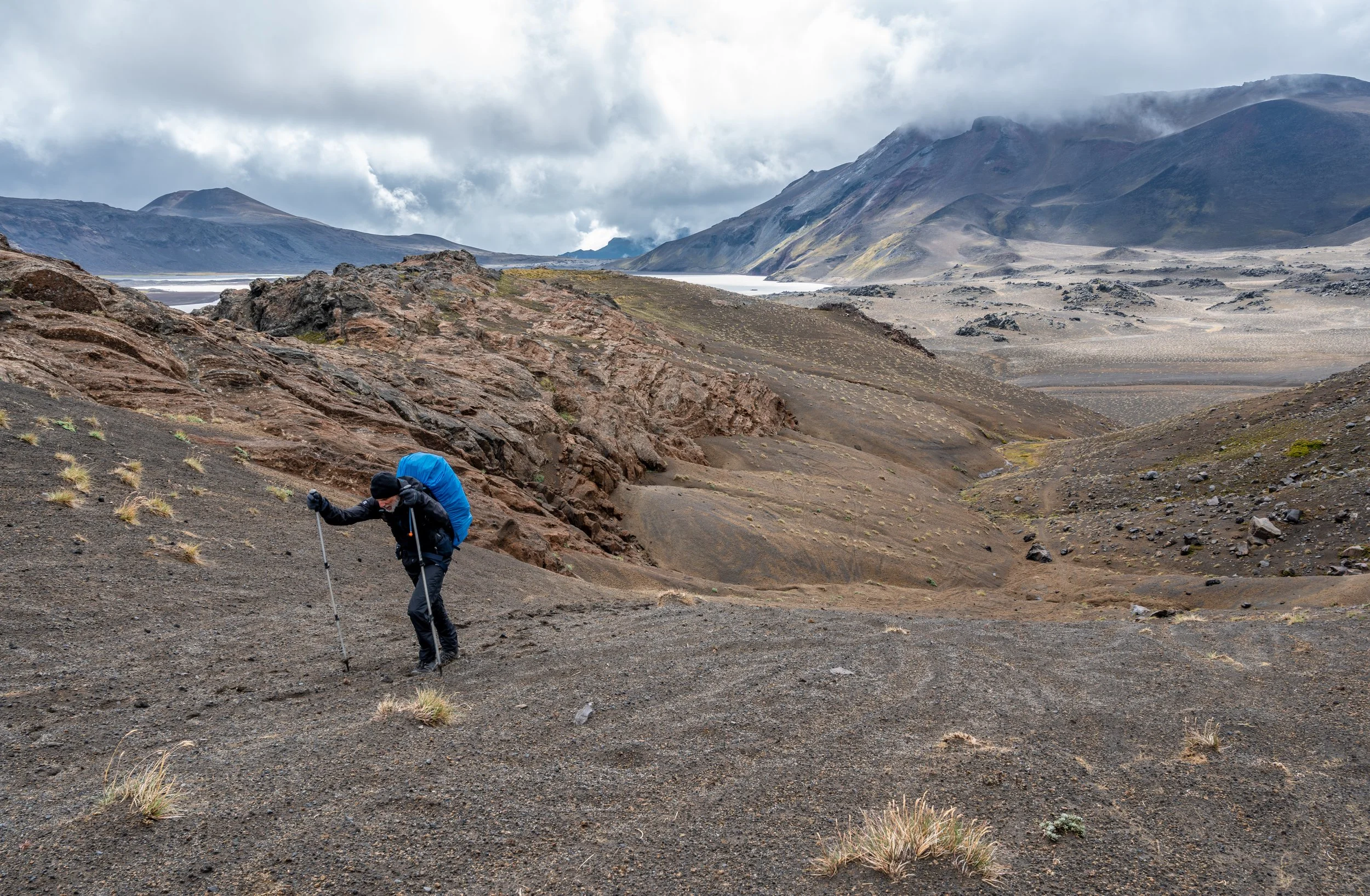 Walking through the volcanic landscape of Villarrica National Park.