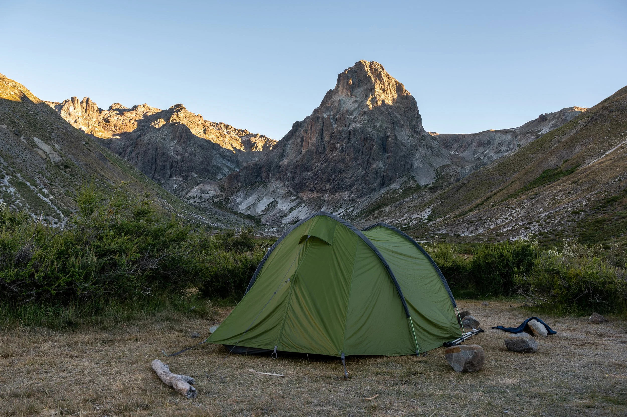 Eluminated peak Colmillo del Diablo above our tent at El Bolsón campsite. 