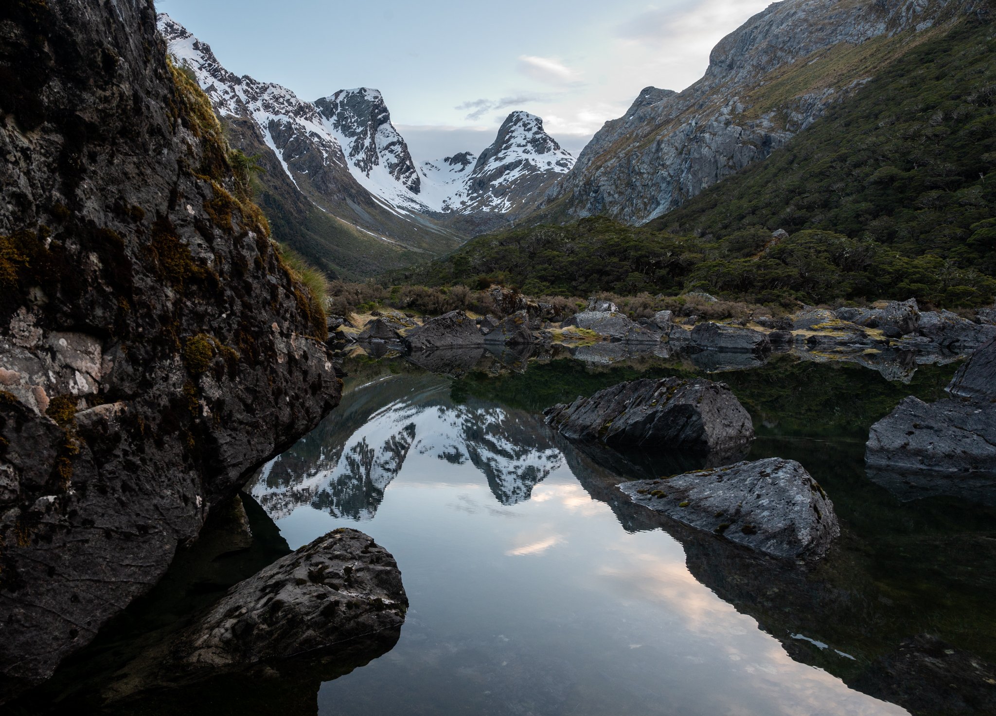 Sunrise reflection on Lake Mackenzie on our last day of the Routeburn Track. 