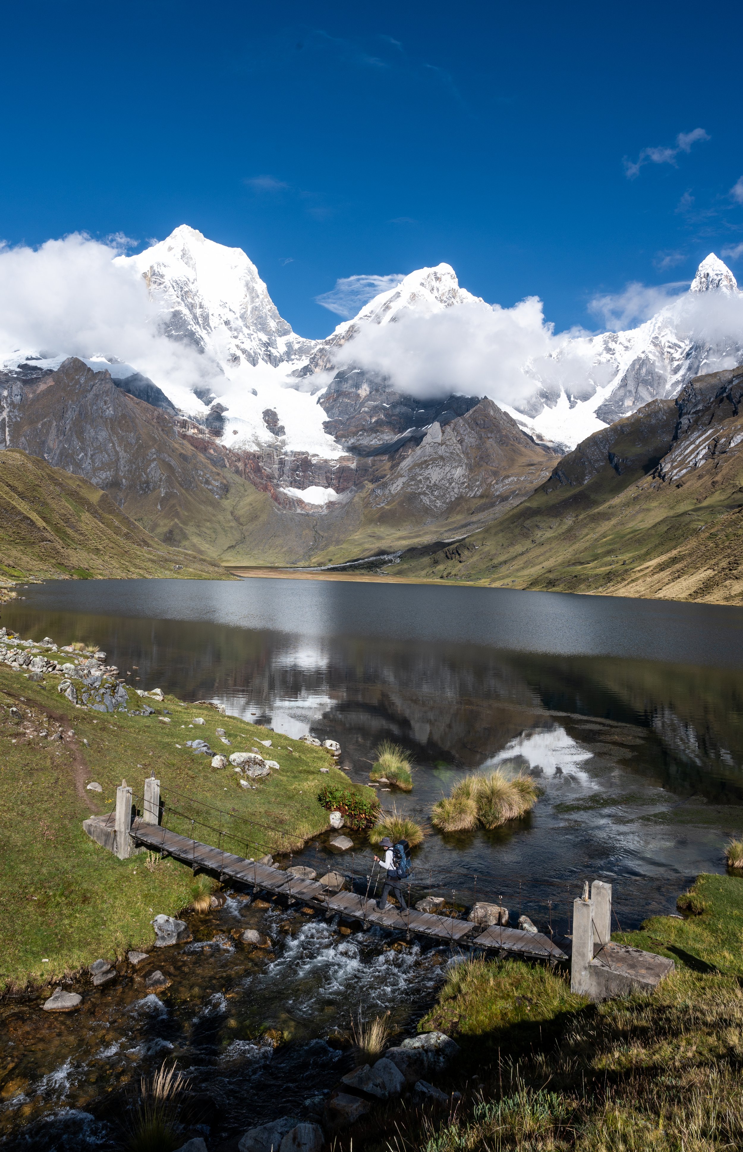 Crossing the bridge at the campsite near Carhuacocha, we were greeted with our first views of the highest peaks of the Cordillera Huayhuash.