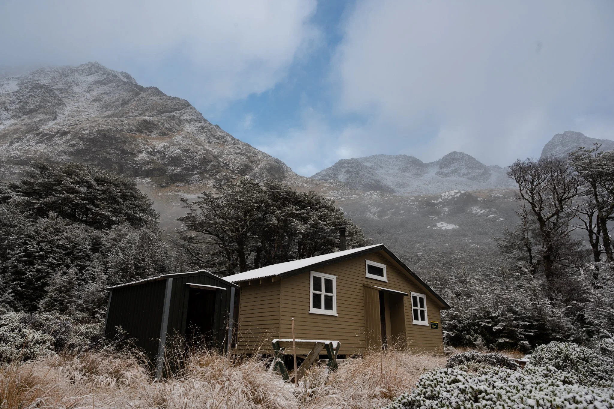 Blue Lake Hut on a snowy morning. 