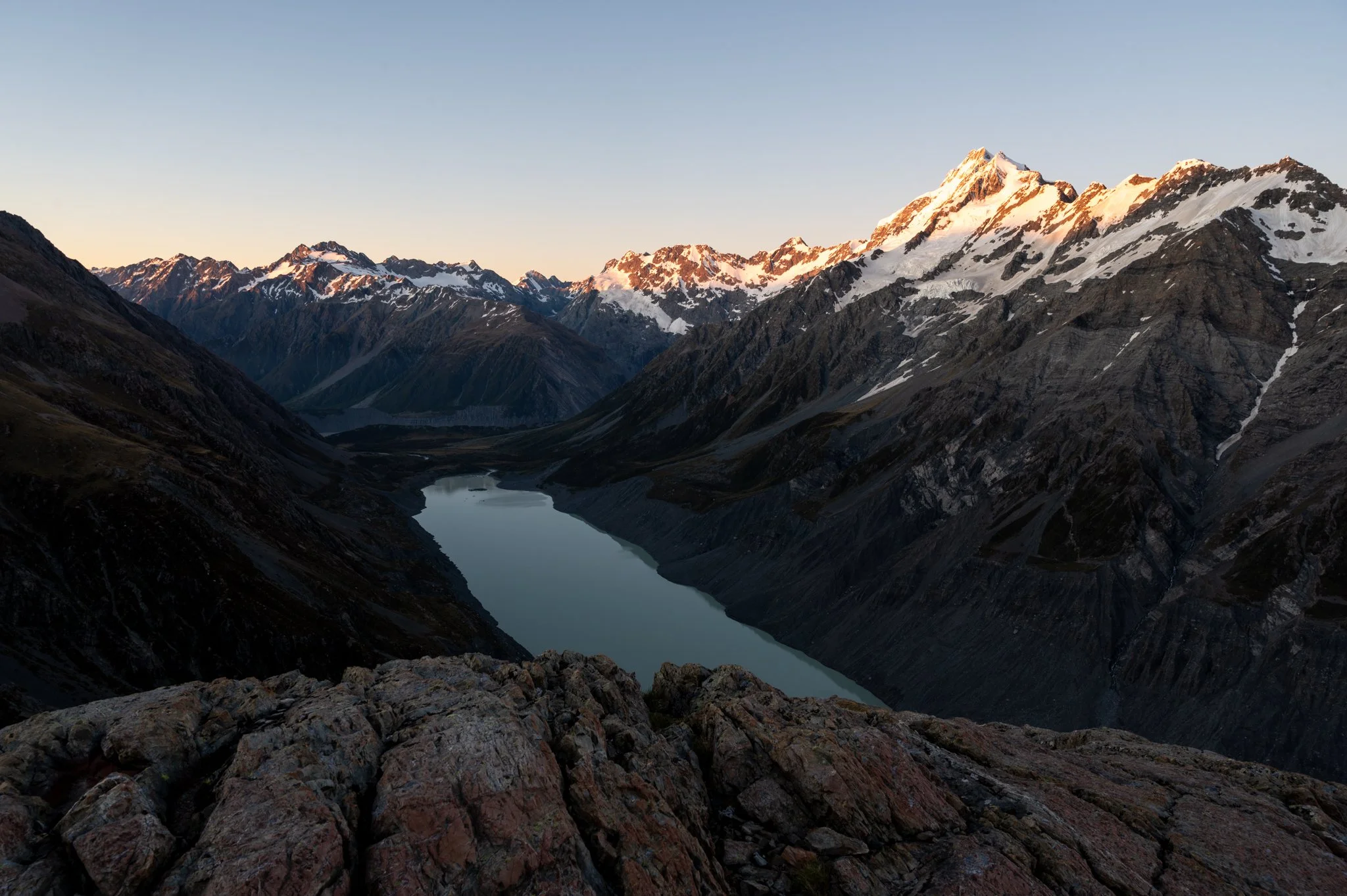 Hooker Valley from the other side and Mount Sefton, illuminated by sunrise. 