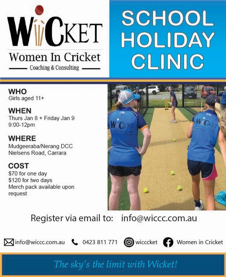 ALL GIRLS SCHOOL HOLIDAY CRICKET CLINIC

📅 Thursday 8 and Friday 9 January
⏰ 9am-12pm
📍 Gold Coast - Mudgeeraba/Nerang DCC
📧 info@wiccc.com.au
📞 0423 811 771

Merch pack available upon request.

Contact us to secure your spot!

#cricket #girlscri