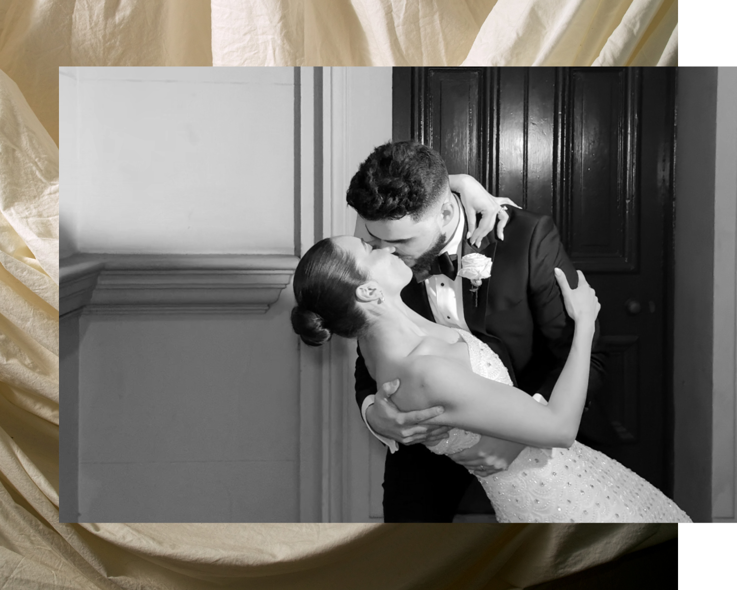 A black and white photo of a newlywed couple kissing, with the man in a tuxedo and the woman in a wedding dress, titled 'The Most Popular'.