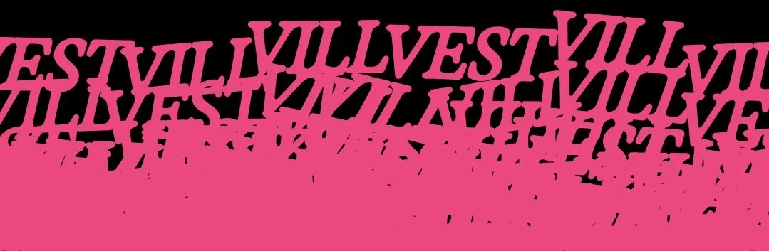 Grafisk banner i sort og rosa med gjentatt tekst "VILL VEST" i overlappende, skjev typografi.