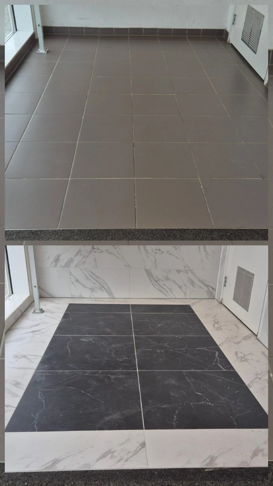 Twee voozieningen die vloerbedekking tonen, de bovenste afbeelding met bruine plavuizen en de onderste met zwarte en witte marmeren tegels.