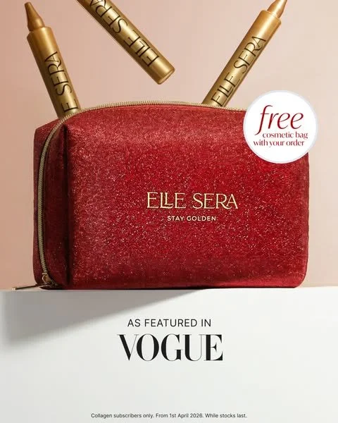 Red cosmetic bag with gold lipstick tubes and a promotional label that says "free cosmetic bag with your order."