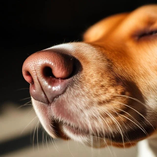 Close-up of a dog's nose with sunlight highlighting its texture and fur.