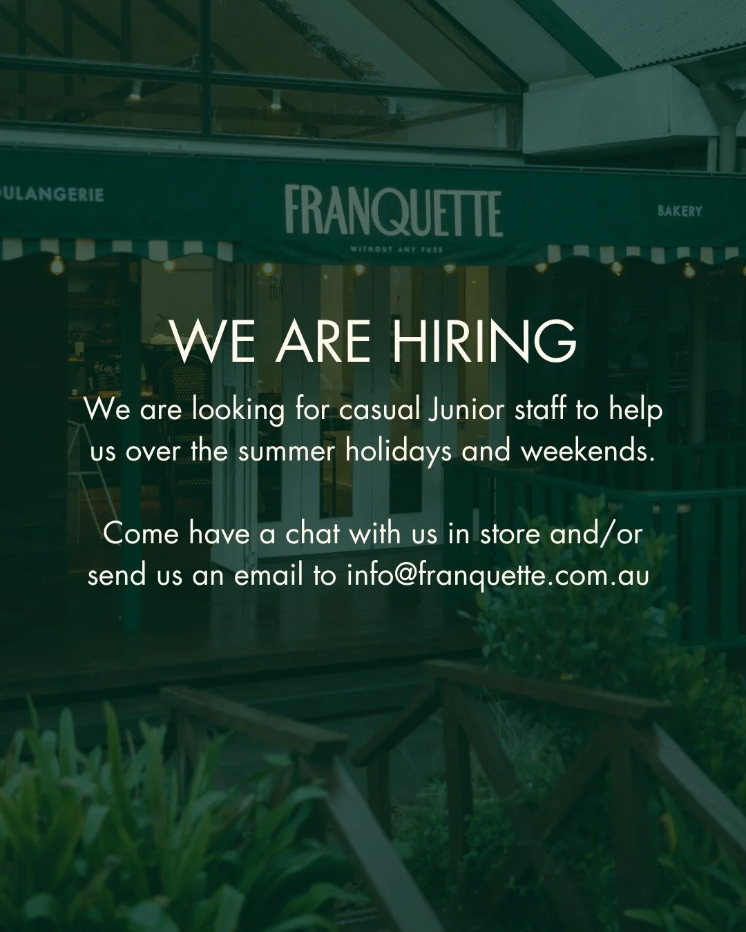 Does this sound like you? 

Come have a chat with us in store and/or send us an email to info@franquette.com.au 

#franquettebakery #frenchbakery #mounttamborine #bakery #goldcoasthinterland #goldcoasteats #tamborinemountain #hiringgoldcoast