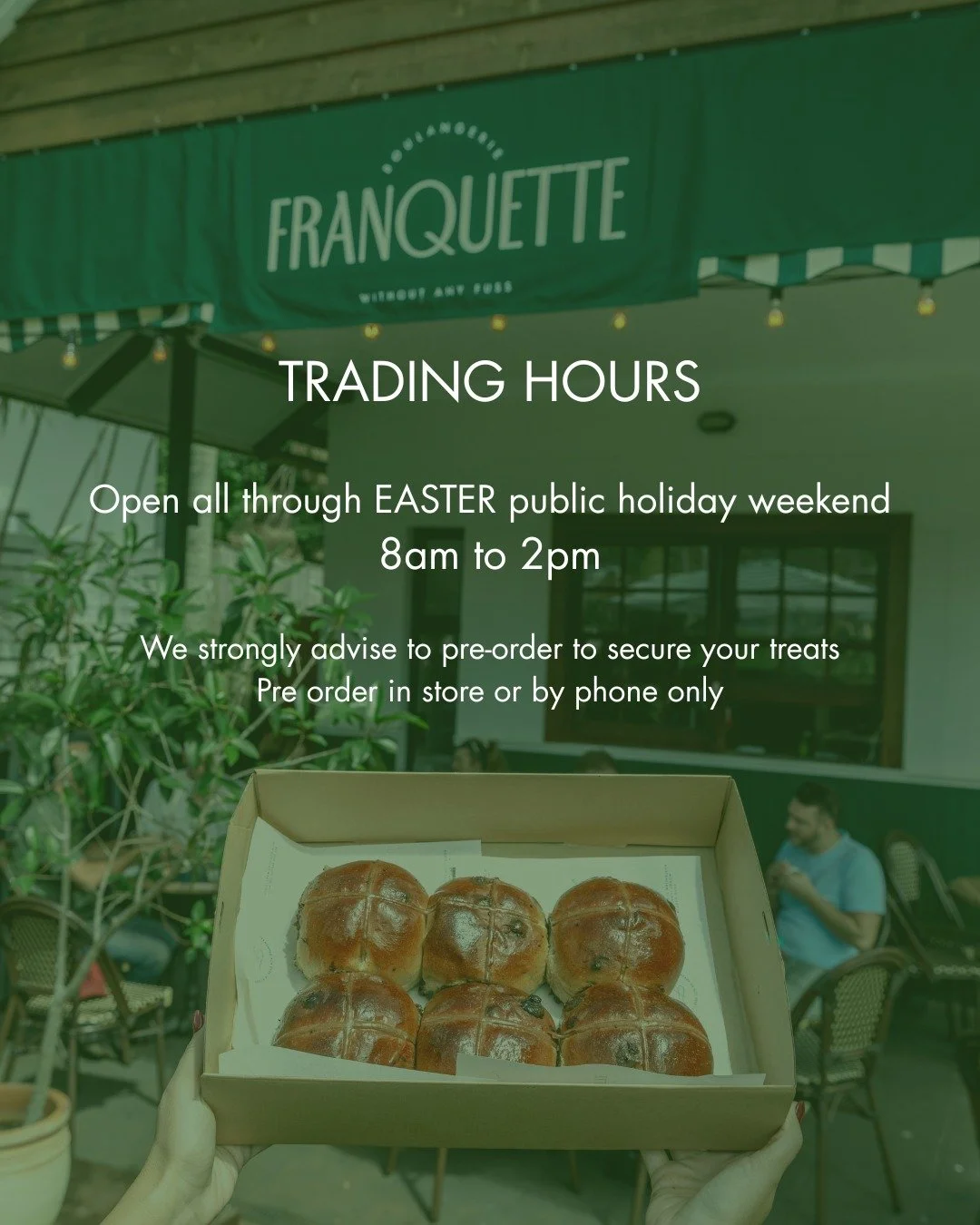 *** EASTER 2026 ***

This year we will be trading every days  of the easter public holiday weekend.
-- Friday through to Monday from 8 am to 2 pm --

We strongly advise everyone to pre order over the phone to secure your treats 
0426 187 571. 

There