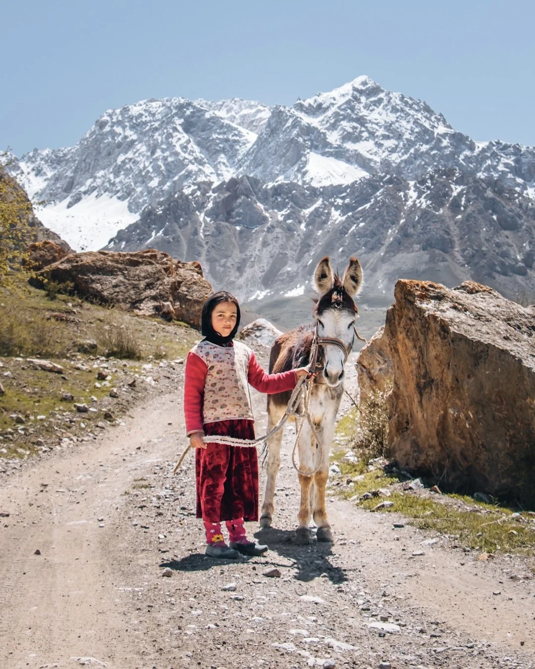 A young girl in a red outfit stands on a dirt path holding a donkey's bridle, with snow-capped mountains in the background.