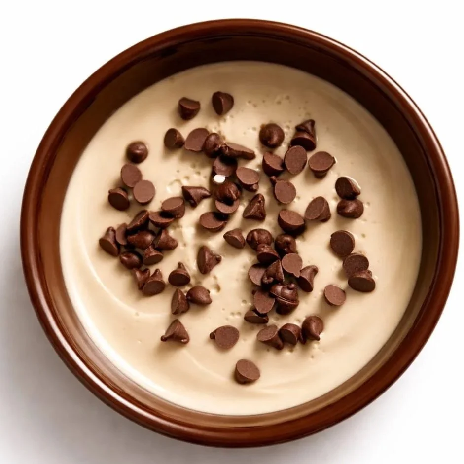 Crème ou pudding à la vanille avec des pépites de chocolat sur le dessus, dans un bol en céramique