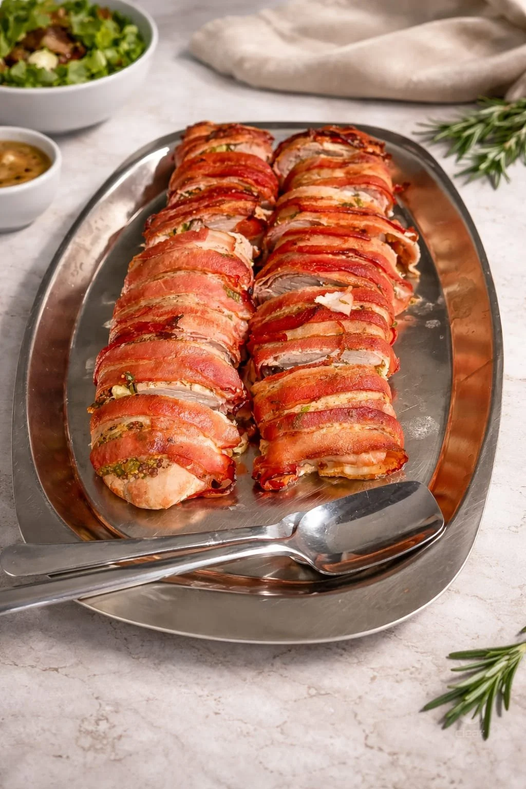 Rôti de dinde enveloppé de tranches de bacon sur un plat en acier inoxydable, avec une salade verte en arrière-plan.