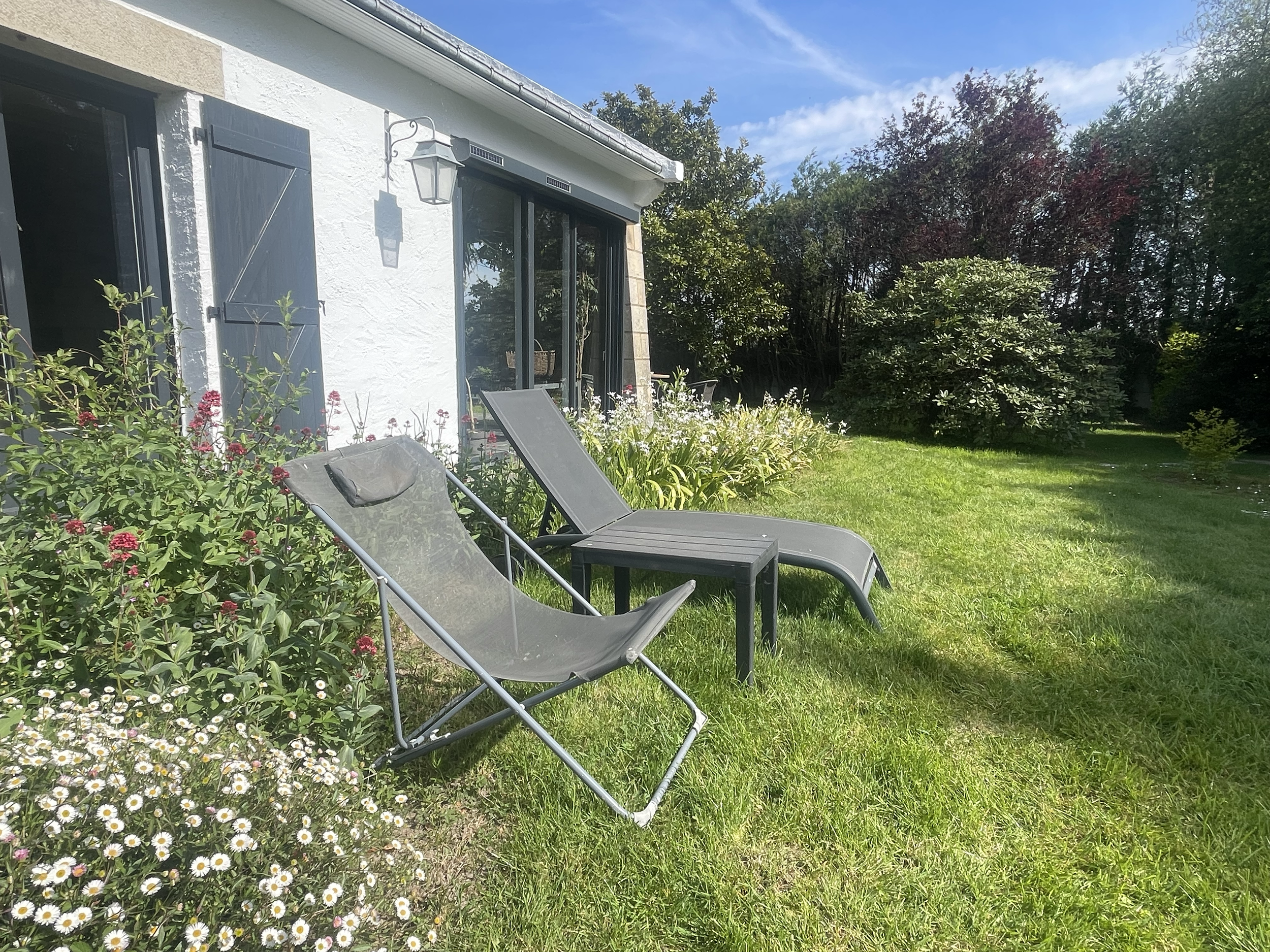Jardin avec des plantes, chaises longues grises et une maison blanche avec volets bleus.