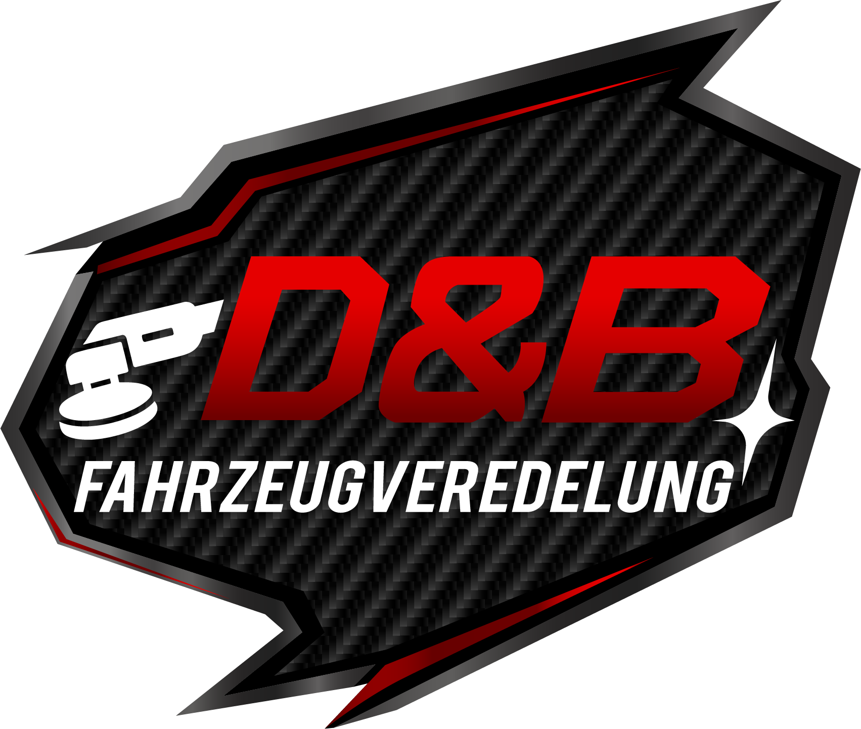 Logo mit Text 'D&R Fahrzeugveredelung' auf dunklem Carbon-Hintergrund, schwarzem und rotem Rahmen, mit Weiß- und Rottext, Glanzeffekt und Sternsymbol