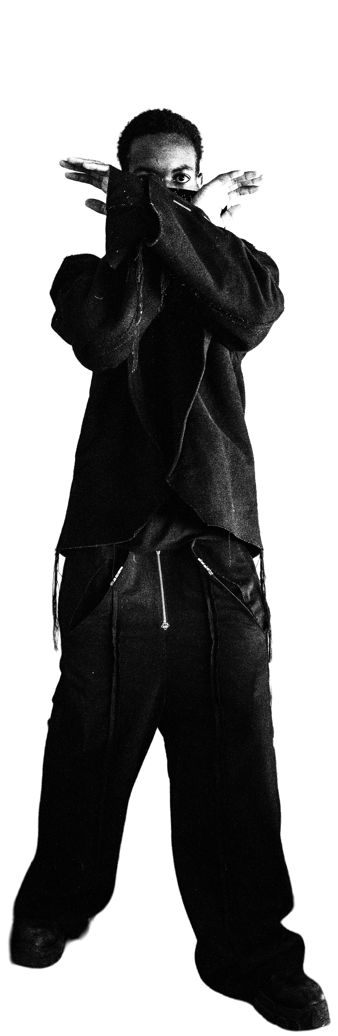 A person wearing dark clothing in a black and white photo, with their arms crossed in front of their face. Daniel Alexander Weiter - DAW