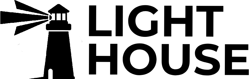 Silhouette of a lighthouse emitting light beams into the night sky with a starry background.