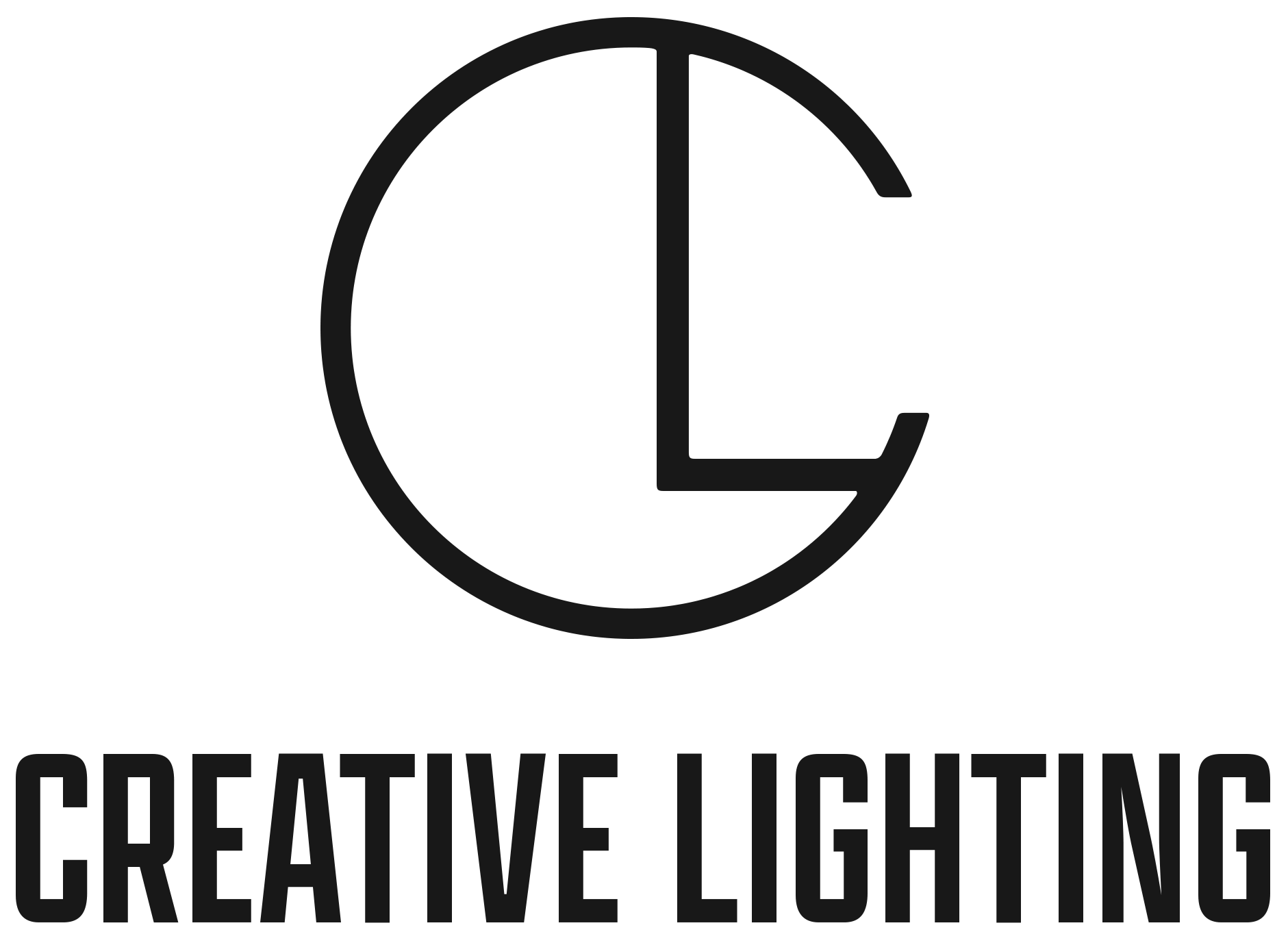 Black background with a minimalist logo comprising a circle, an L shape, and a C shape, and the words 'Creative Lighting' in bold capital letters underneath.