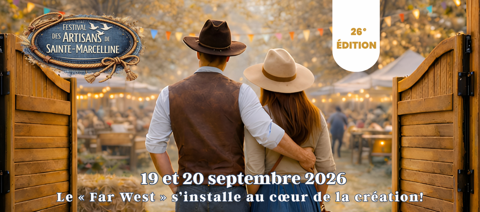 Deux personnes portant des chapeaux dans un festival en plein air, entouré de stands en bois et de guirlandes lumineuses, avec un panneau indiquant le Festival des Artisans de Sainte-Marcelline