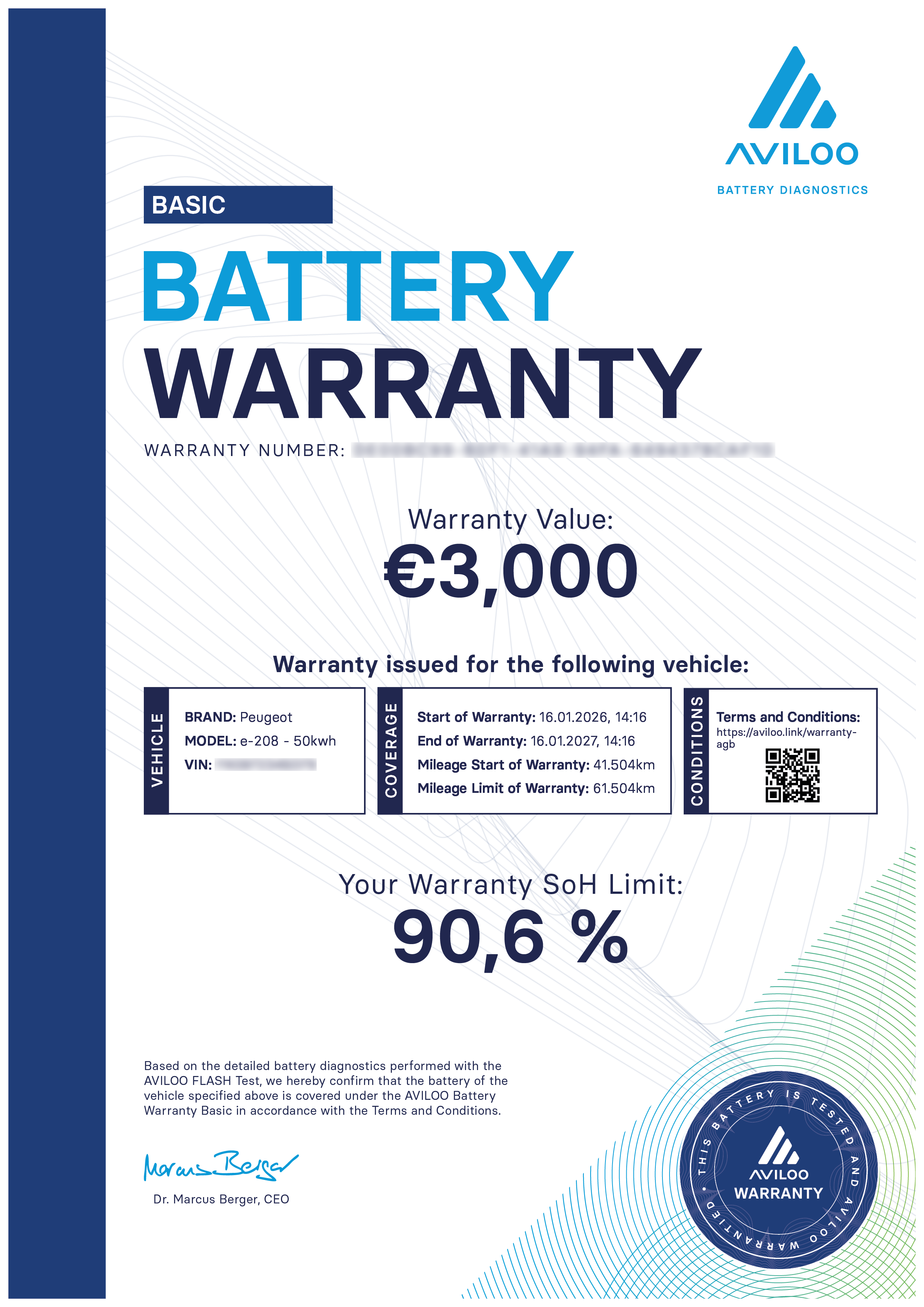 Warranty document for a vehicle battery, issued by Aviloo, listing basic battery warranty details including warranty value of 3,000 euros and a state of health limit of 90.6%, with vehicle details, terms and conditions, and a signature at the bottom.