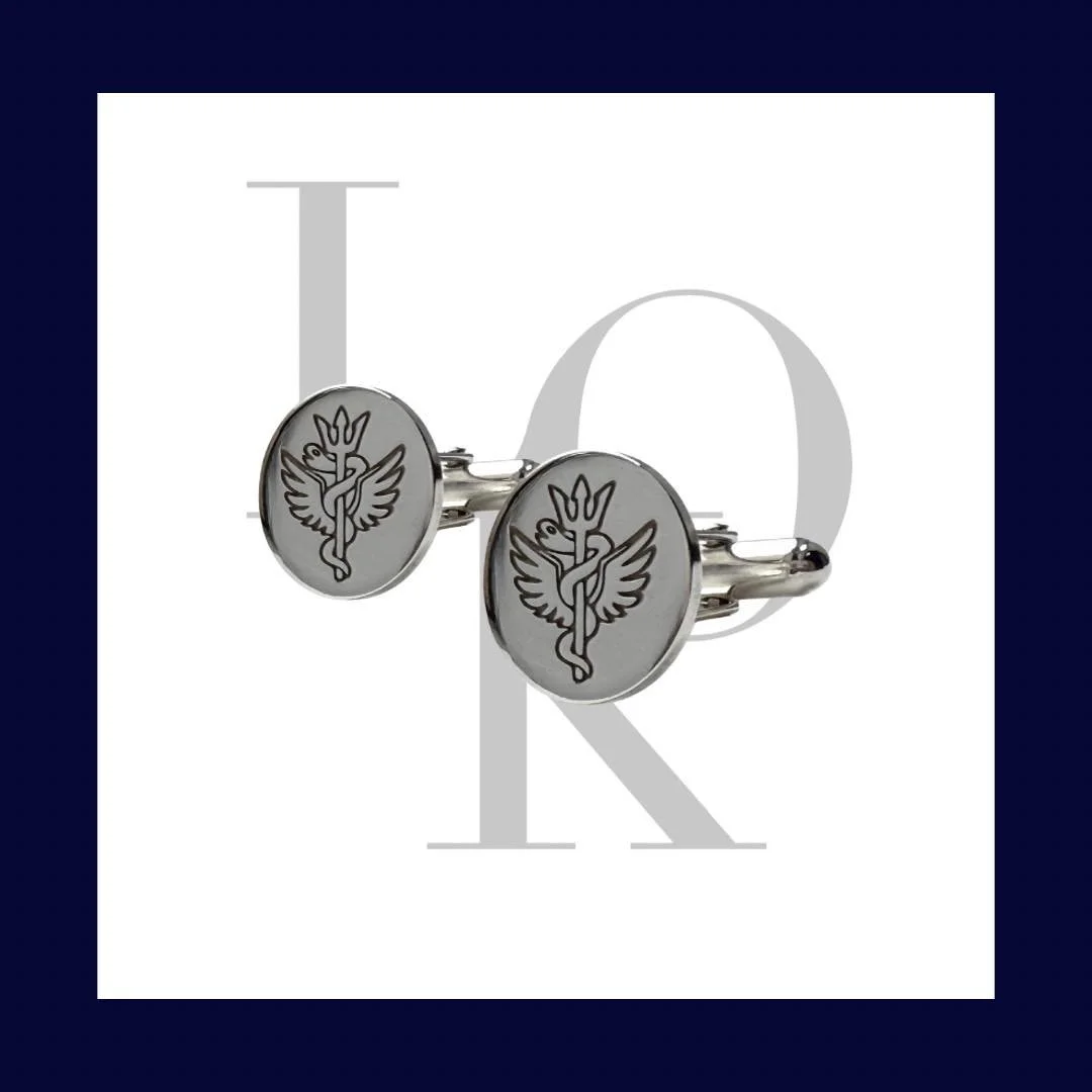 These bespoke sterling silver cufflinks were specially commissioned and engraved with the Royal Navy Medics emblem &mdash; a meaningful symbol of service and dedication. Crafted to order in solid sterling silver, they&rsquo;re a refined way to honour