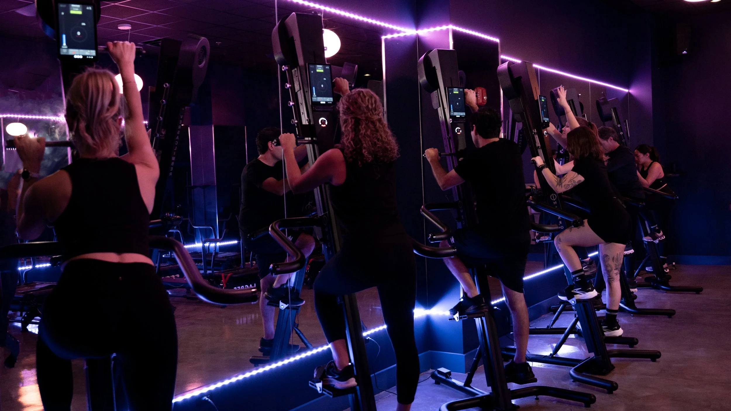 People participating in a spin class in a dimly lit studio illuminated by purple neon lights, riding stationary bikes.