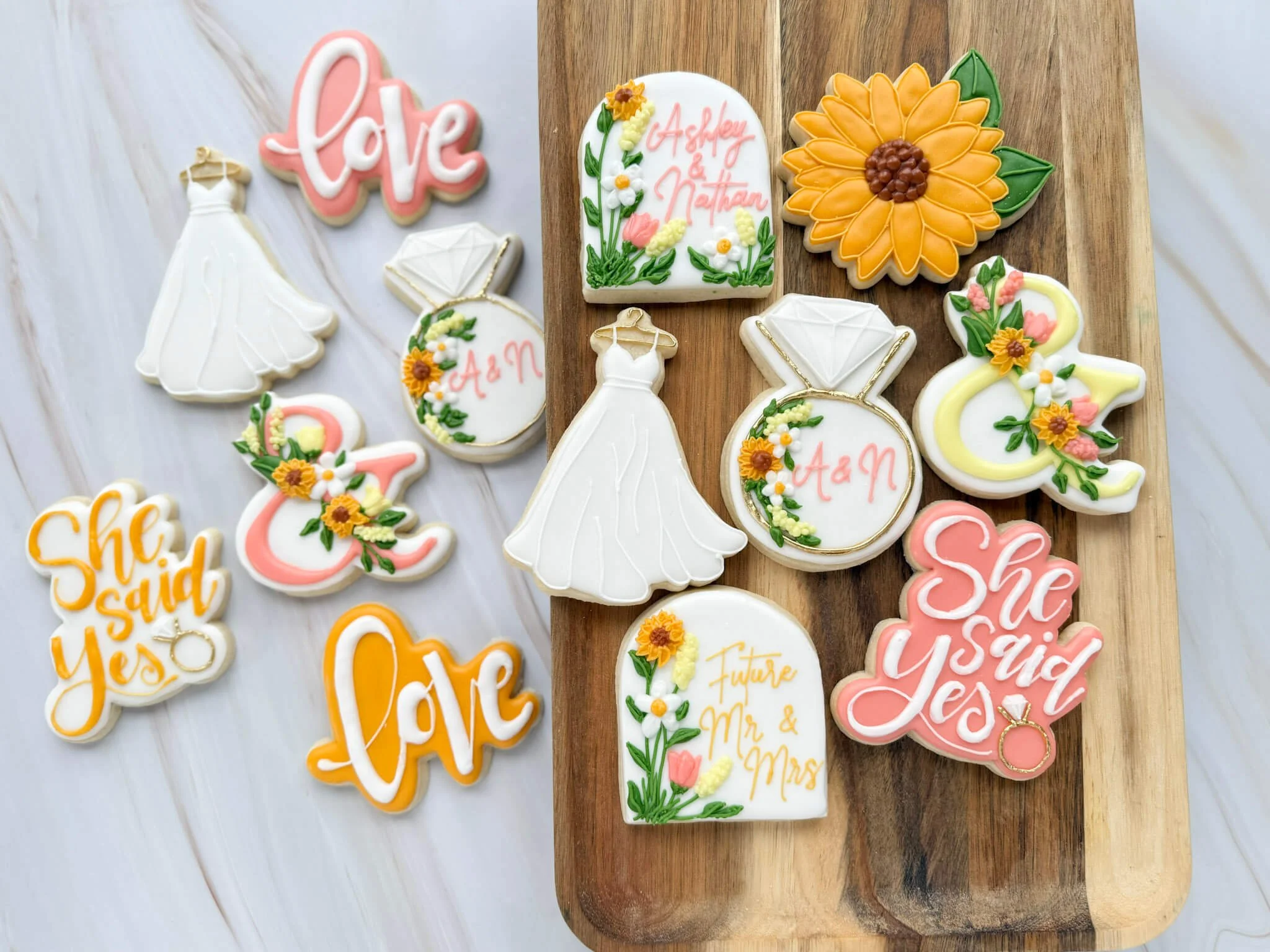 Stunning sunflower themed engagement cookies. Decorated with custom details to match your theme and hand-made to order here in Mechanicsville, VA. Fresh, soft, delicious and beautiful custom cookies.