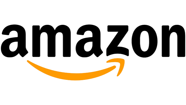 Amazon logo with black text and orange arrow underneath.