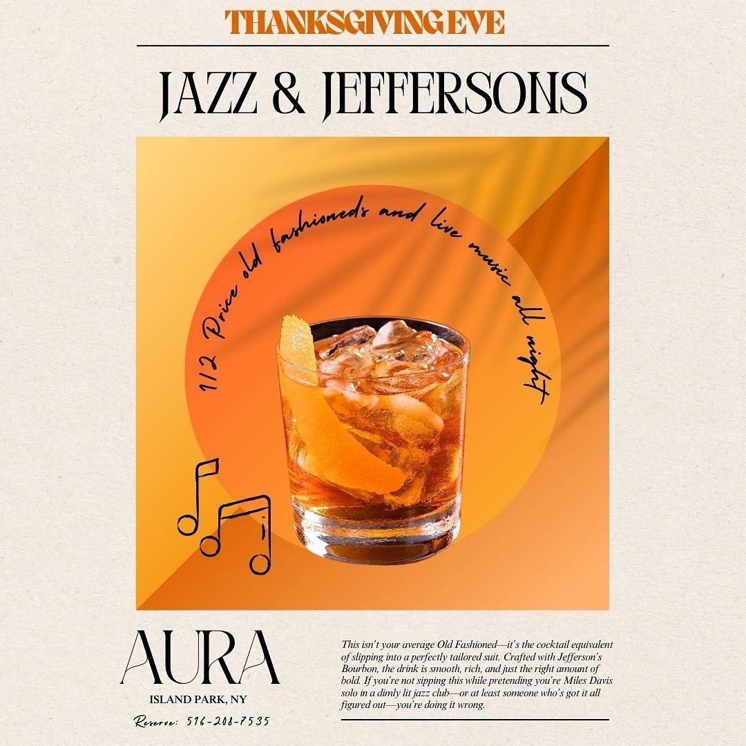 Start your holiday on a high note with a vibe-heavy Jazz &amp; @jeffersonsbourbon Night. The soundtrack? Live jazz performances all night long, filling the room with smooth melodies and sultry brass. The drink lineup? Jefferson&rsquo;s Bourbon takes 