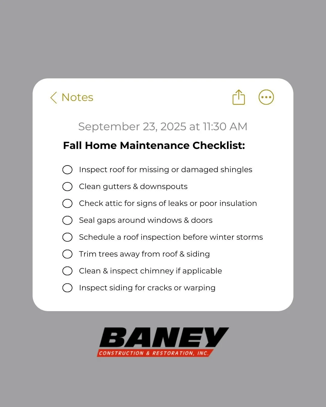Fall is here &mdash; is your home ready? 🏠

Use this easy Fall Home Maintenance Checklist to prep your home before winter hits hard! From roof inspections to sealing drafts, these simple steps can save you from costly damage down the road.

Call Ban