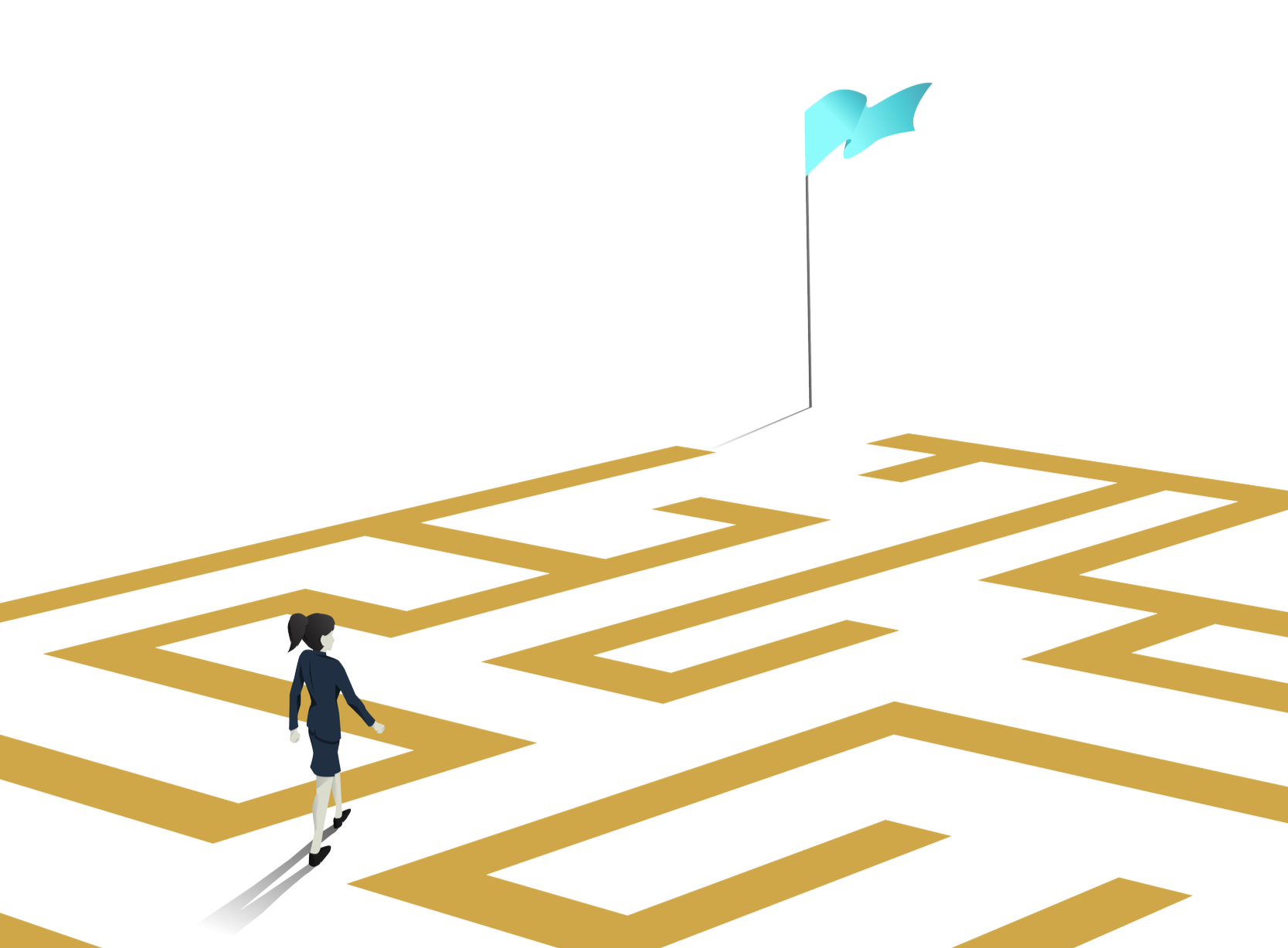 A person walking on a maze floor toward an open door with a light blue curtain.