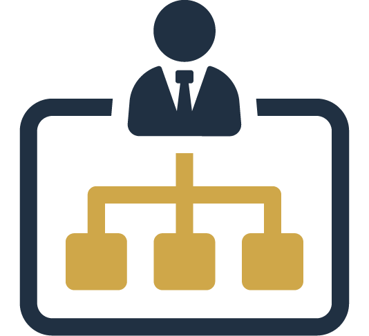 Icon of a person in a business suit connected to a hierarchical organizational chart.