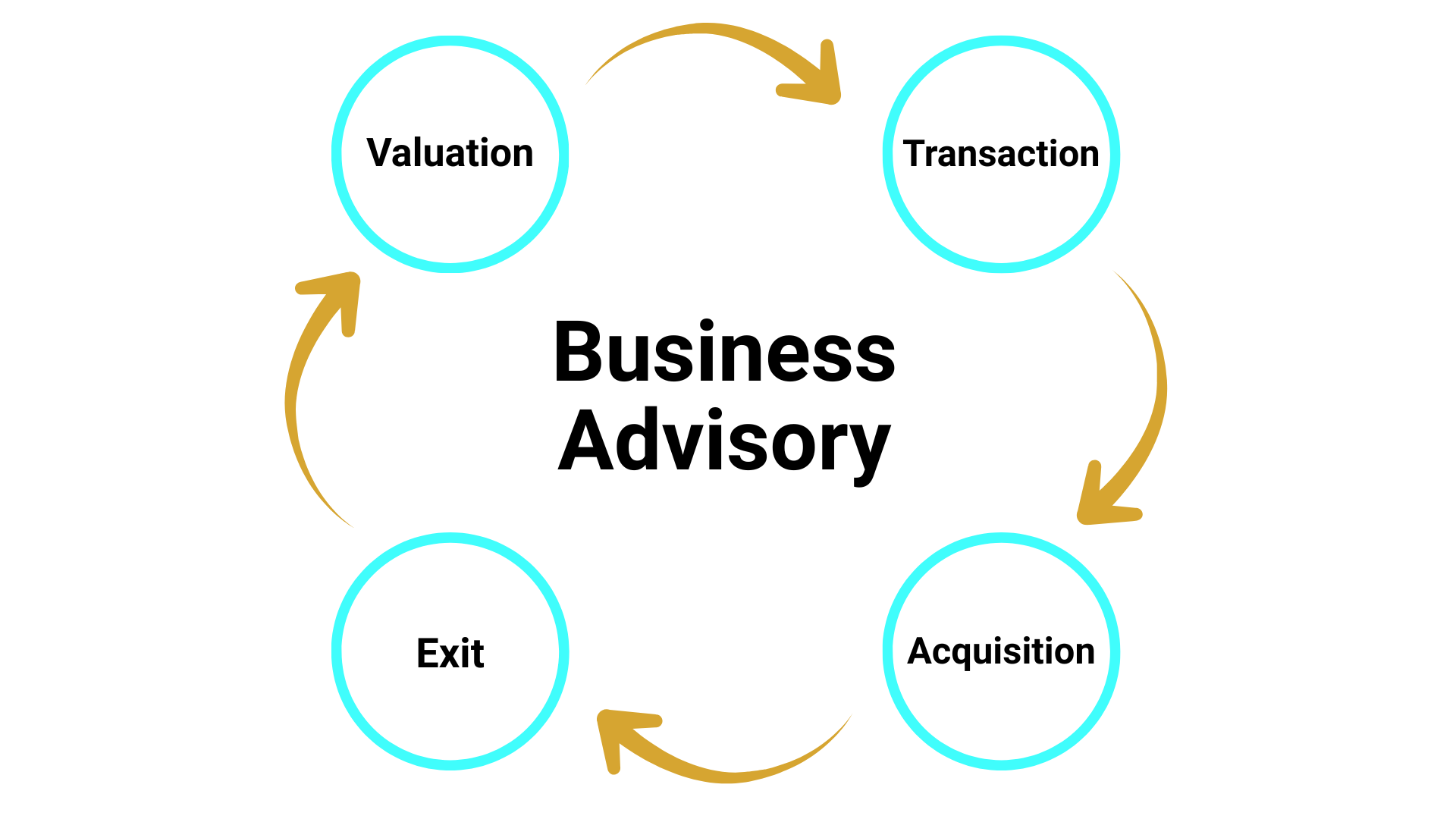 Diagram of business advisory cycle with five steps: Valuation, Transaction, Acquisition, Exit, and repeating back to Valuation with arrows showing the cycle.