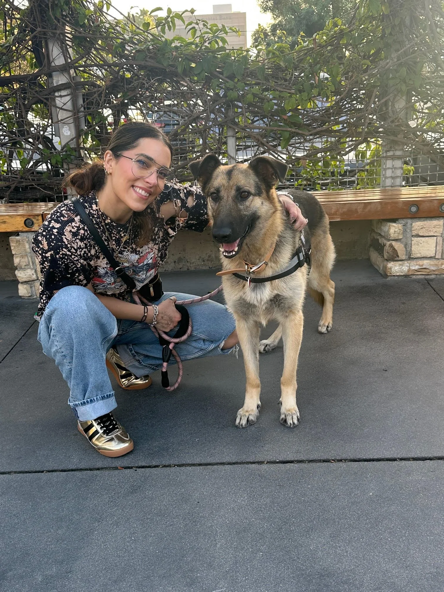 A woman and her well trained dog smiling. Dog is on good behavior, no barking, no pulling, and listening to commands. Dog is wearing a harness outside. Dog is not reactive to stressful environments and respects its owner.