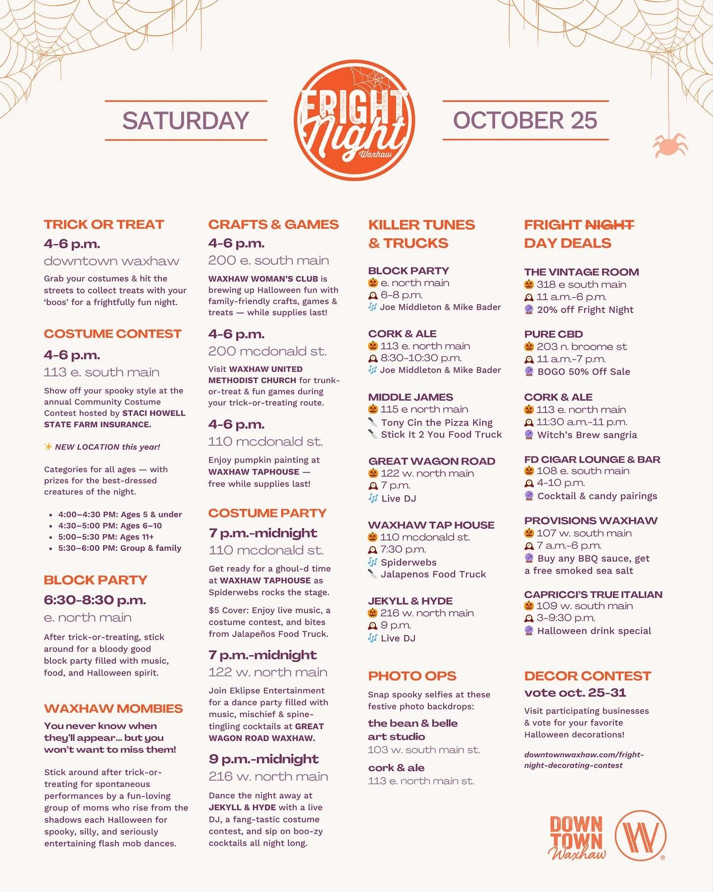 🕷️ Looking for a scare? FRIGHT THIS WAY.

Tomorrow night, Downtown Waxhaw will be crawling with costumes, candy, and community spirit!

✨ Trick-or-Treating | 4&ndash;6 p.m.
Over 40 downtown businesses will welcome costumed visitors for a frightfully
