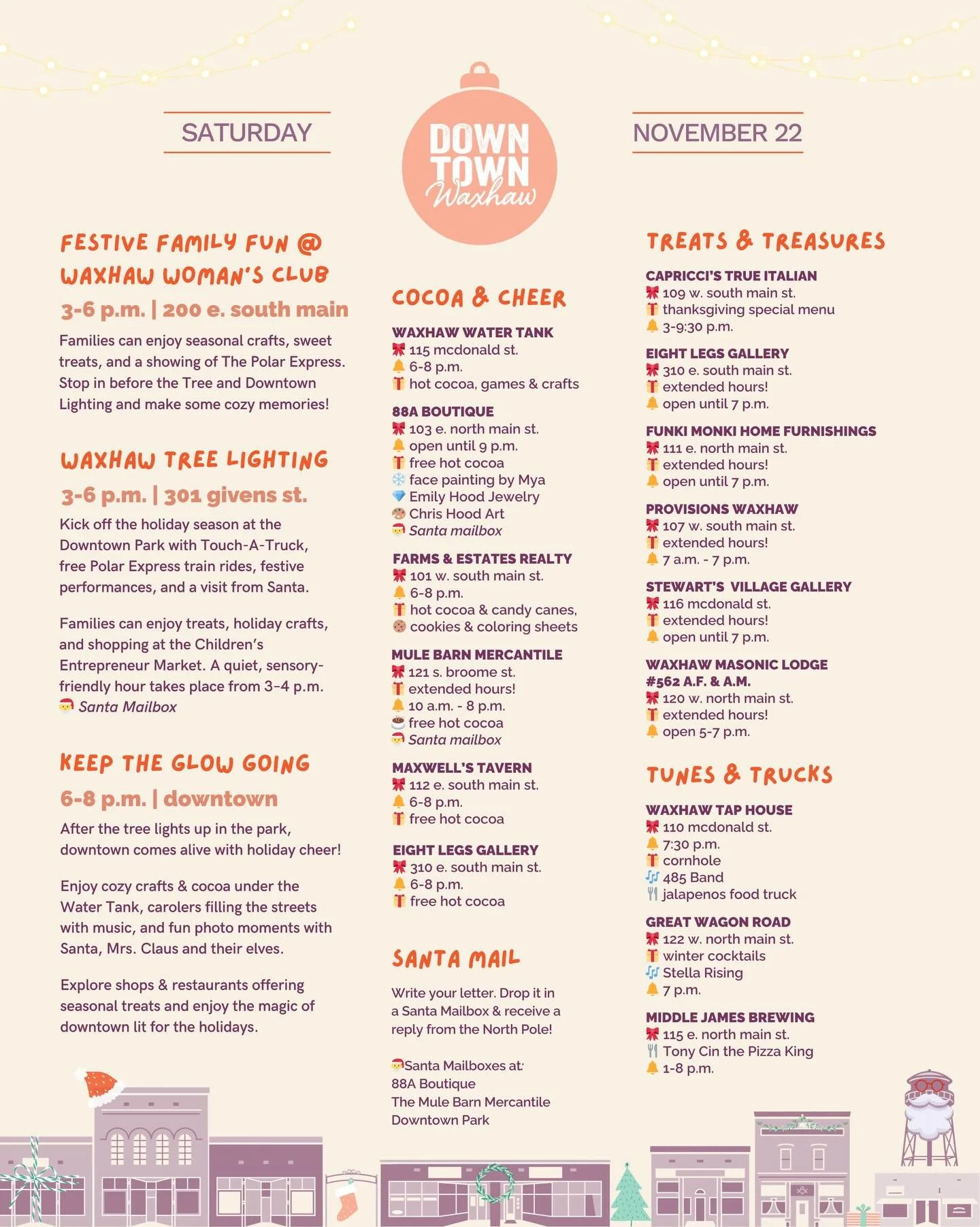 TODAY is the day Downtown Waxhaw starts to feel like a Hallmark movie. 🌟

🎄 3&ndash;6 p.m. | Tree Lighting Fun
Downtown Park. 301 Givens St.
Touch-A-Truck. Train rides. Santa visits.
Sensory-friendly hour from 3&ndash;4 p.m.

❄️ 3&ndash;6 p.m. | Fe