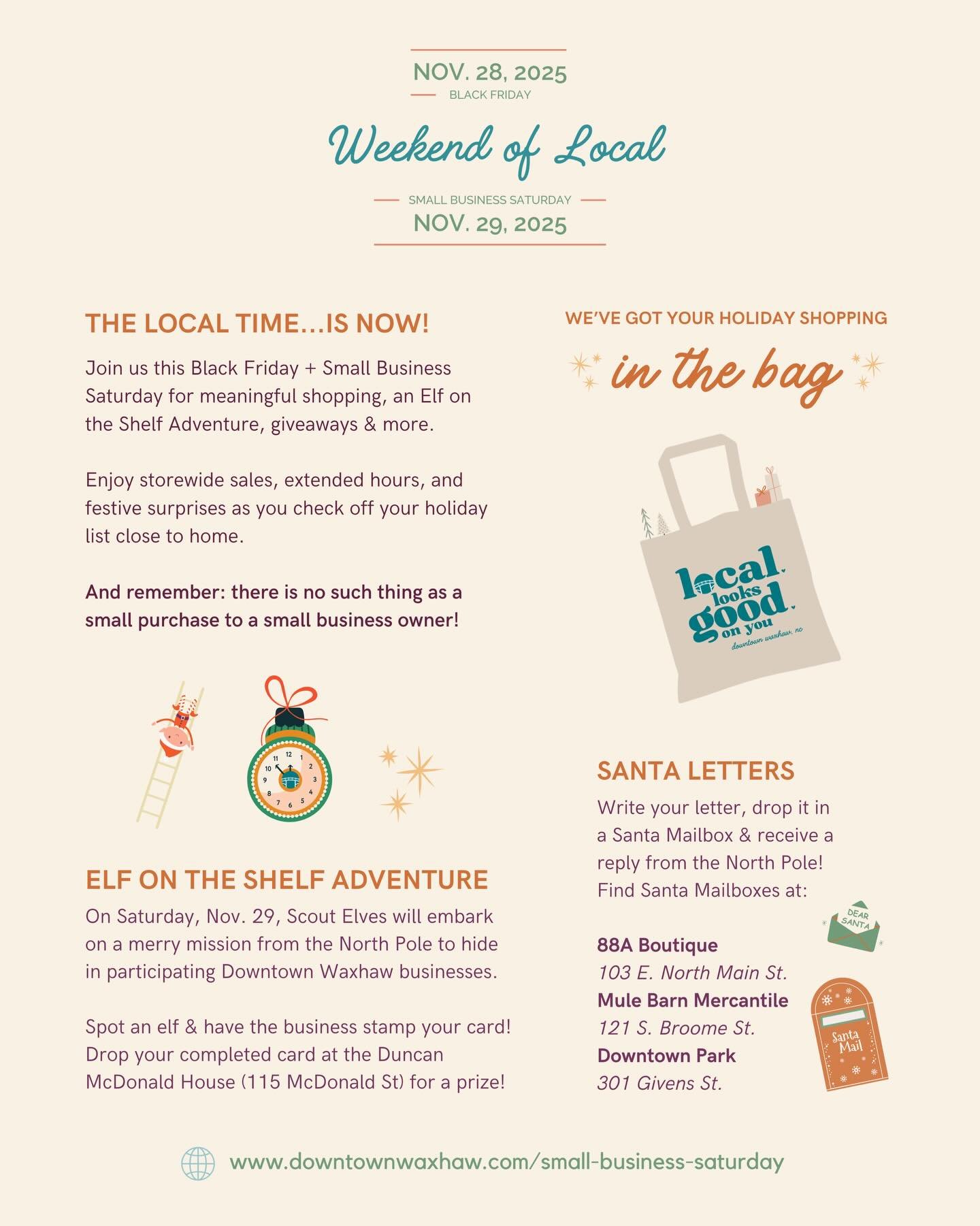 🎁✨ WEEKEND OF LOCAL ✨🎁

This is one of our favorite weekends of the year. A time to slow down, shop with intention, and support the small businesses that make Waxhaw feel like home.

Join us this Black Friday + Small Business Saturday for meaningfu