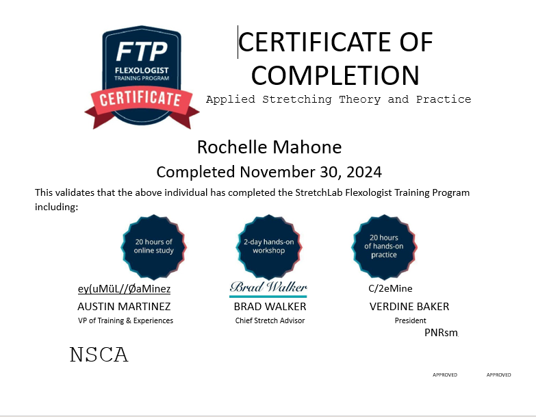 Certified in assisted stretch through StretchLab, where I developed hands-on skills in mobility, flexibility, recovery, and client-centered care.