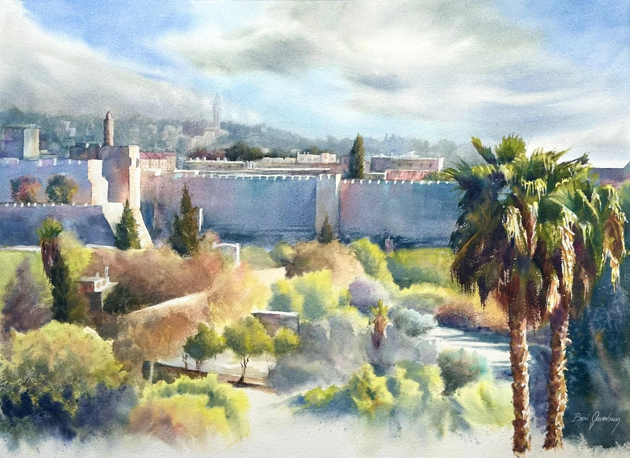 A watercolor painting of a cityscape with a large stone wall, palm trees, and a park in the foreground, under a cloudy sky in the background.