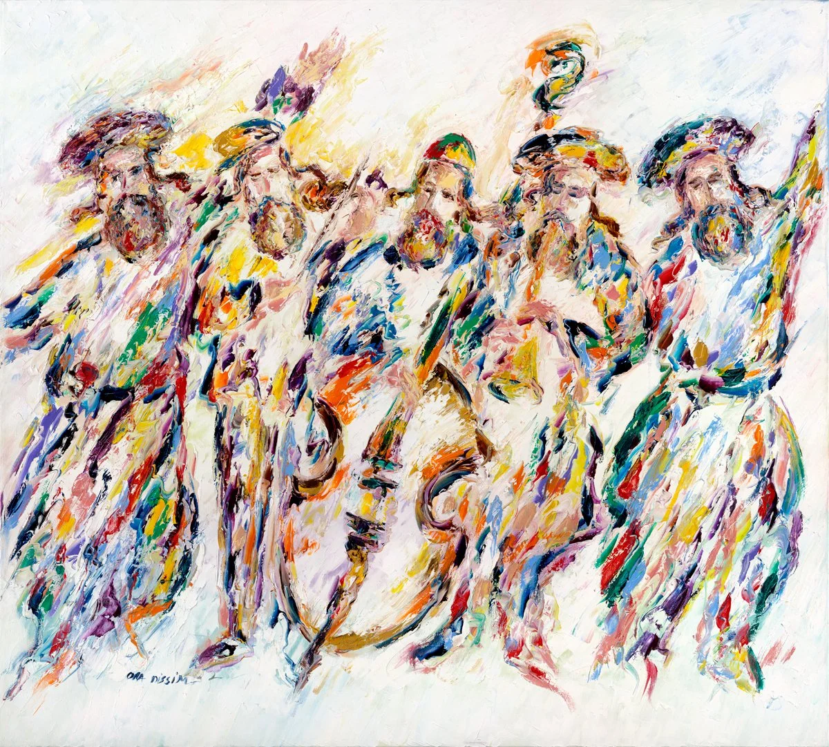 Colorful abstract painting of six men with beards, traditional hats, and clothing, standing together with a shield and sword, rendered in bold brushstrokes.