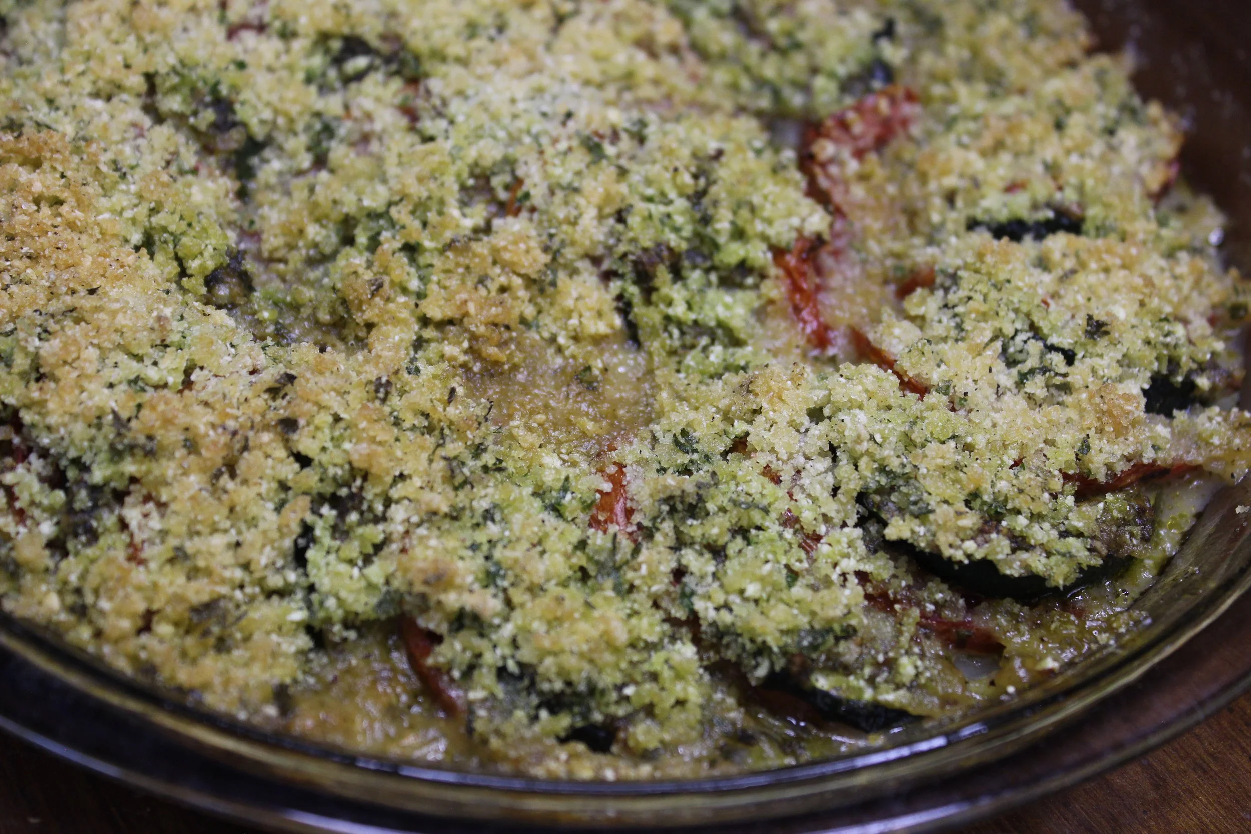 Zucchini, Tomato, and Swiss Chard Pesto Gratin