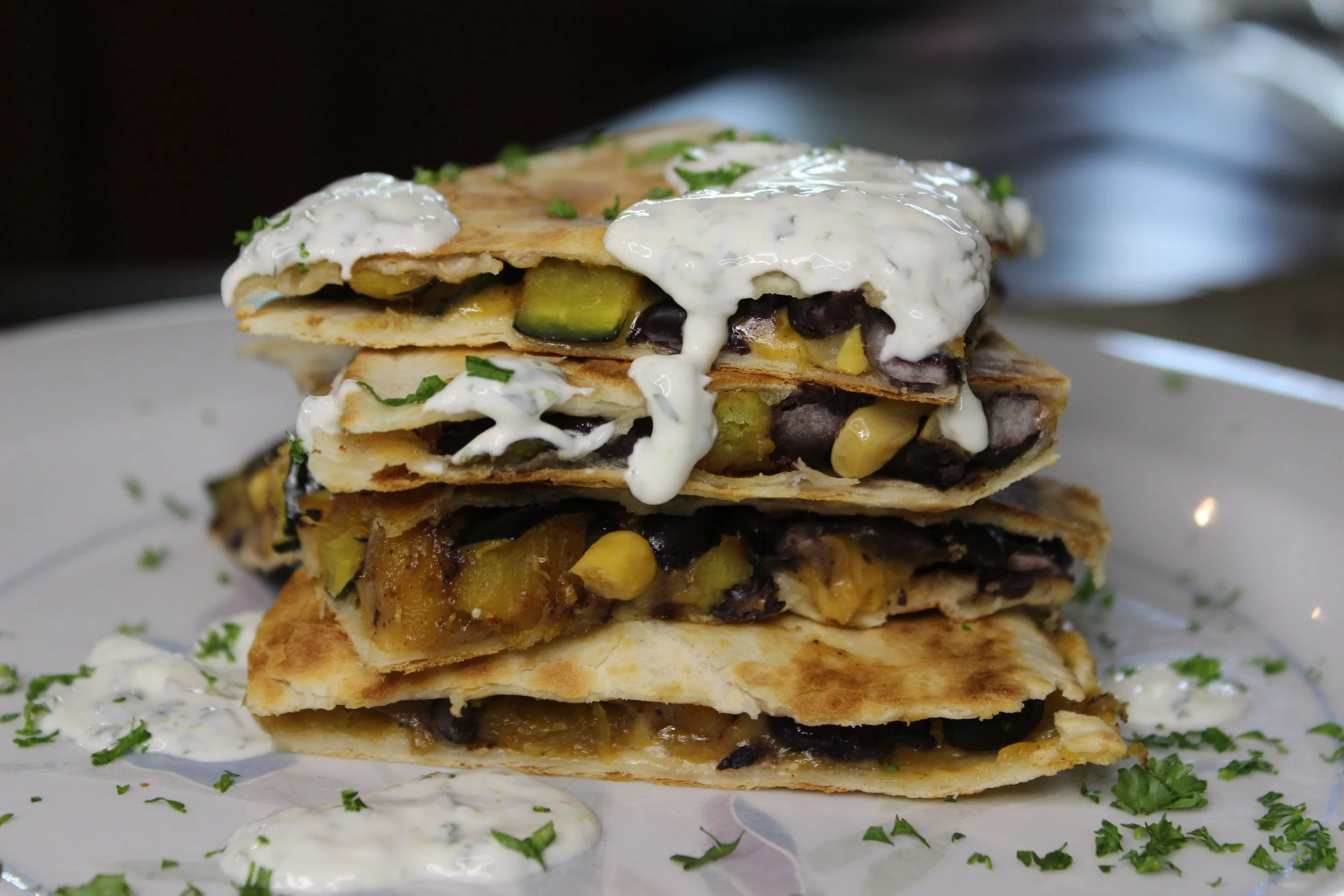 Caramelized Acorn Squash &amp; Black Bean Quesadillas with Cilantro-Lime Crema