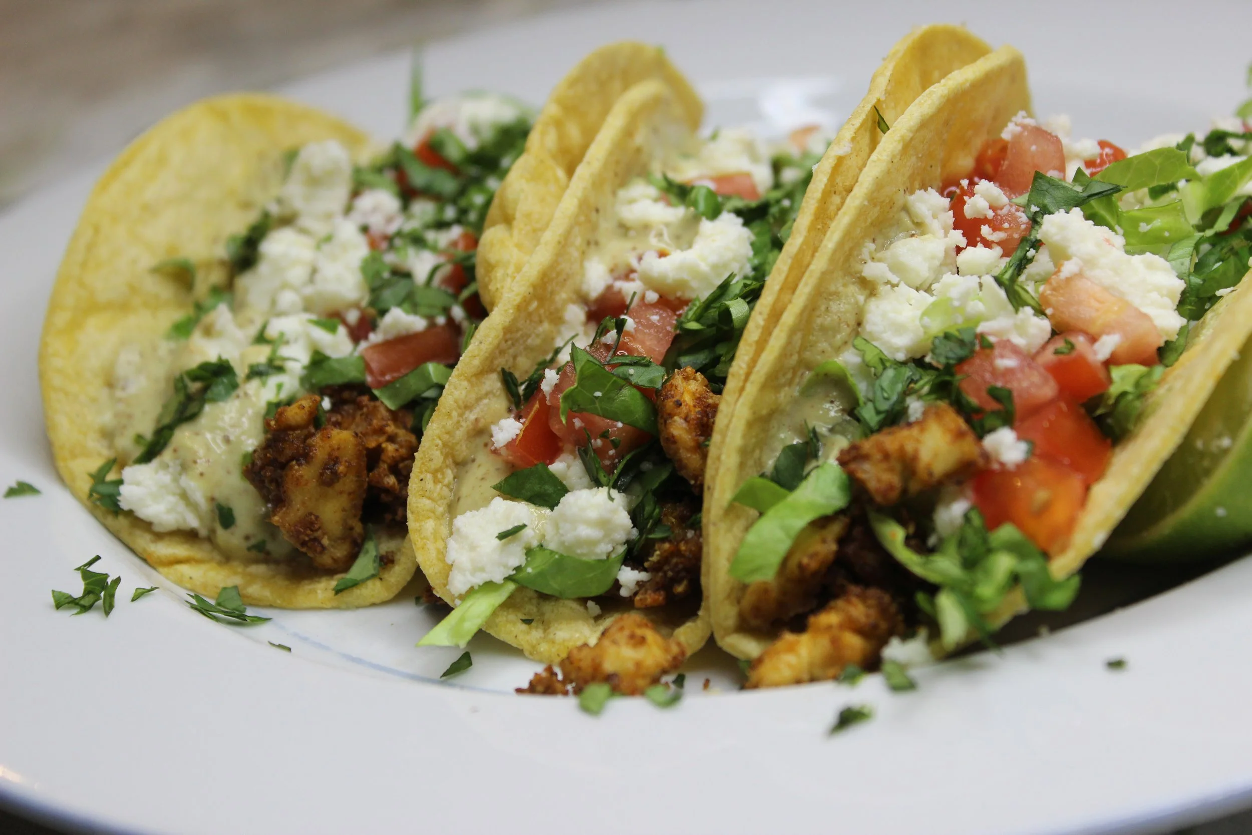Crispy Tofu Tacos with Avocado Chipotle Lime Sauce