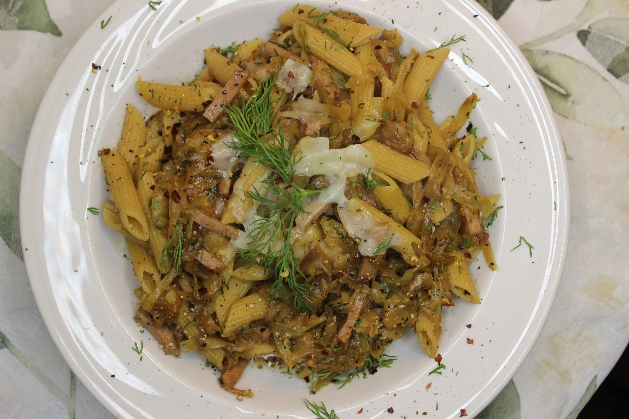 Caramelized Onion, Cabbage, &amp; Ham Pasta