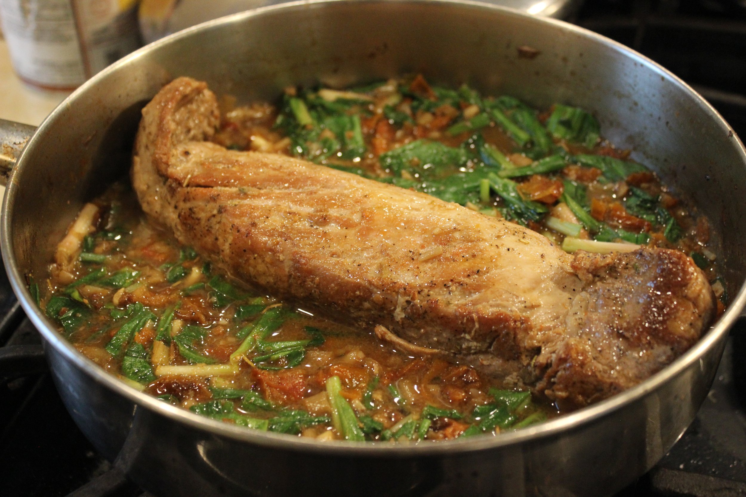 Braised Pork Tenderloin with Wild Leeks &amp; Sun-Dried Tomatoes