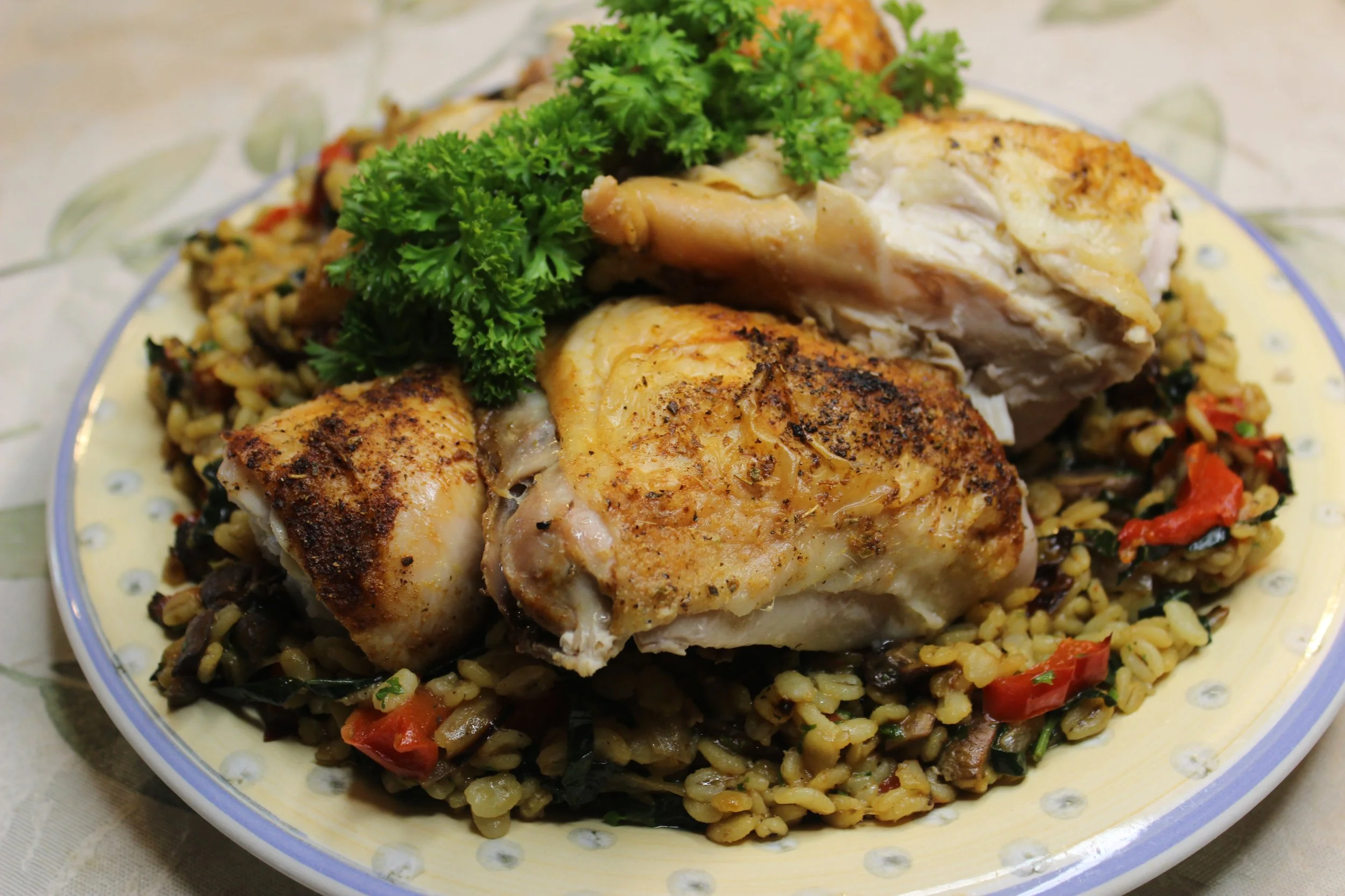 Baked Chicken with Barley and Roasted Vegetable Pilaf